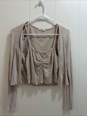 Timing Beige Ribbed Knit Tank & Cardigan Duo